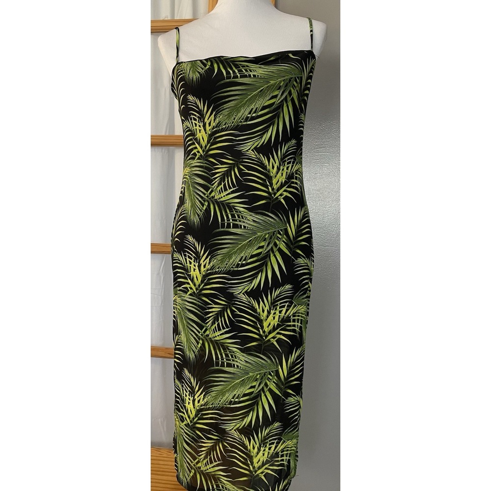 DNA Couture Pencil Slip Midi Dress Sz L Slim Fit Green Black Mesh Tropical Club